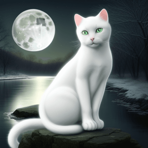 AI generated: A cute white cat , green eyes,, winter ,, a full moon, a deep river, and a mysterious image. It's ni...