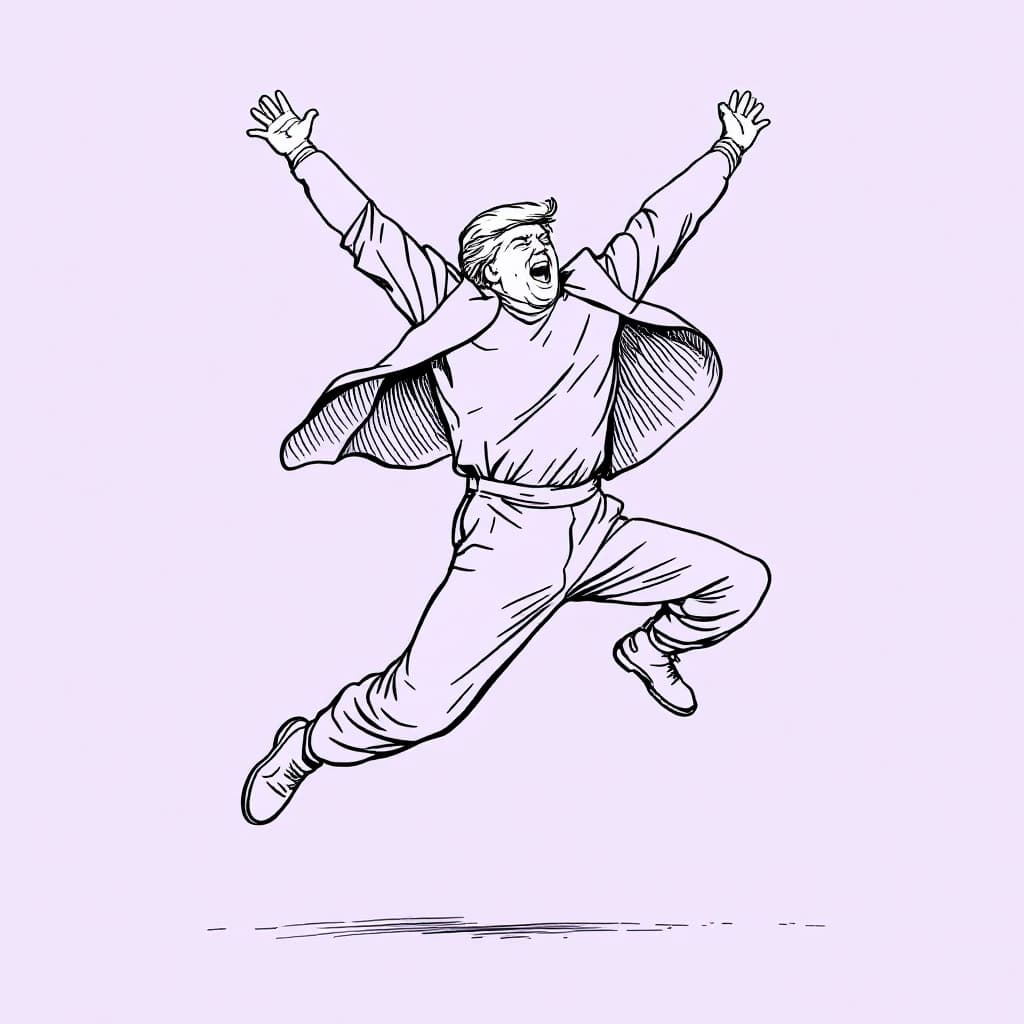 AI generated: minimalist line art drawing of a Donald Trump leaping joyfully, sketched in continuous black lines a...