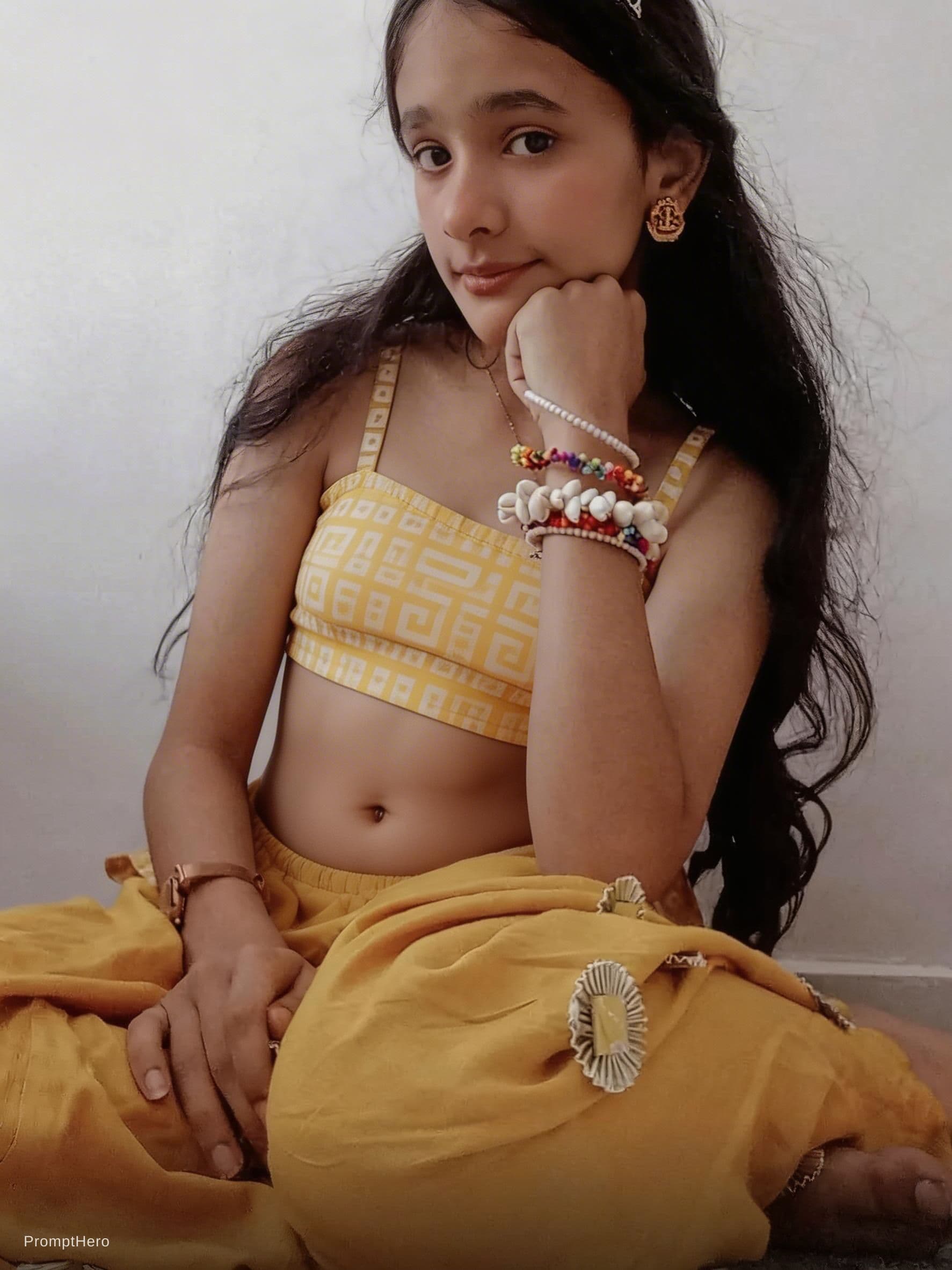 AI generated: Create a hotty stunning look and showing navel posing 