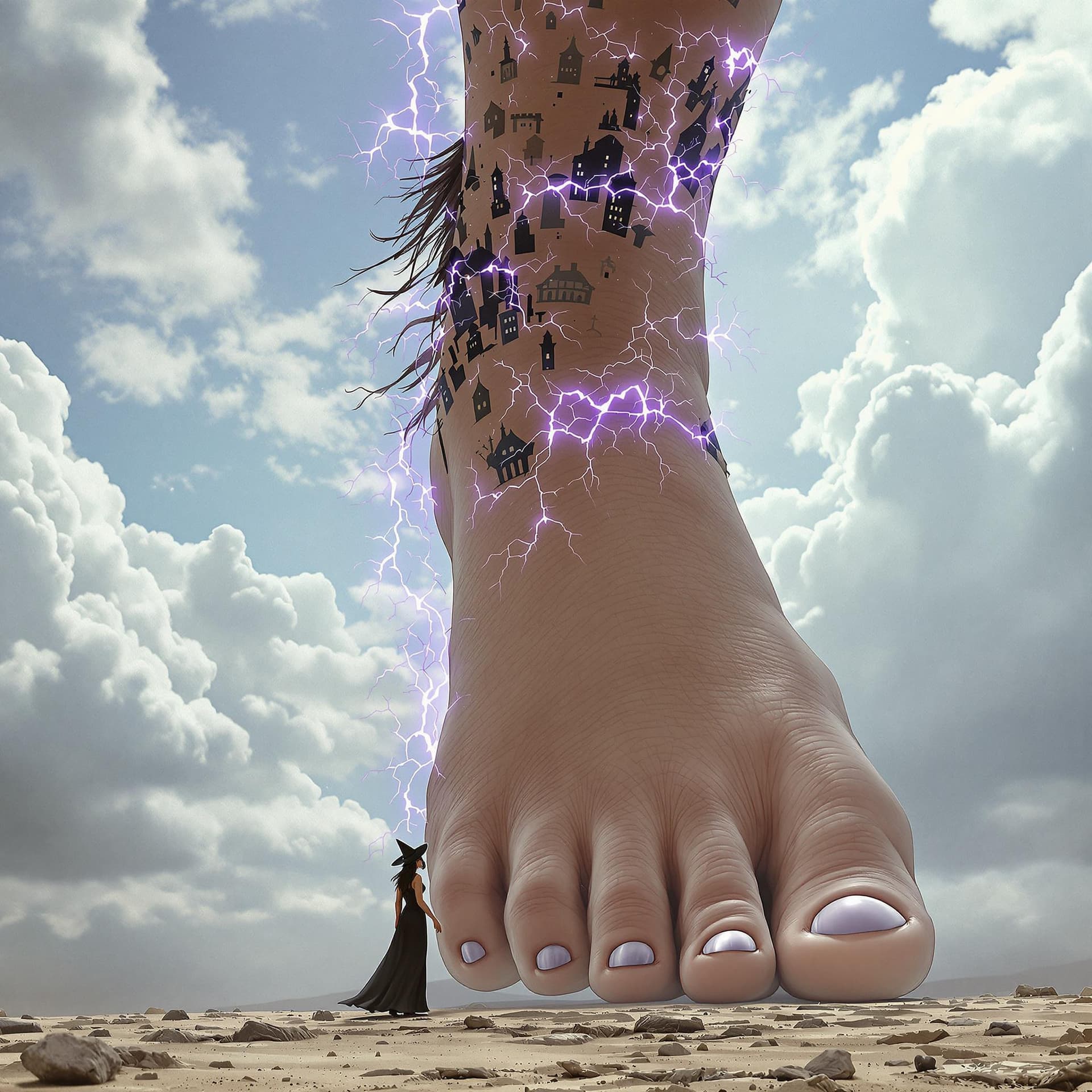 AI generated: 5 toes on foot, enormous giantess female Rhea Ripley from WWE with black medium length hair and stra...