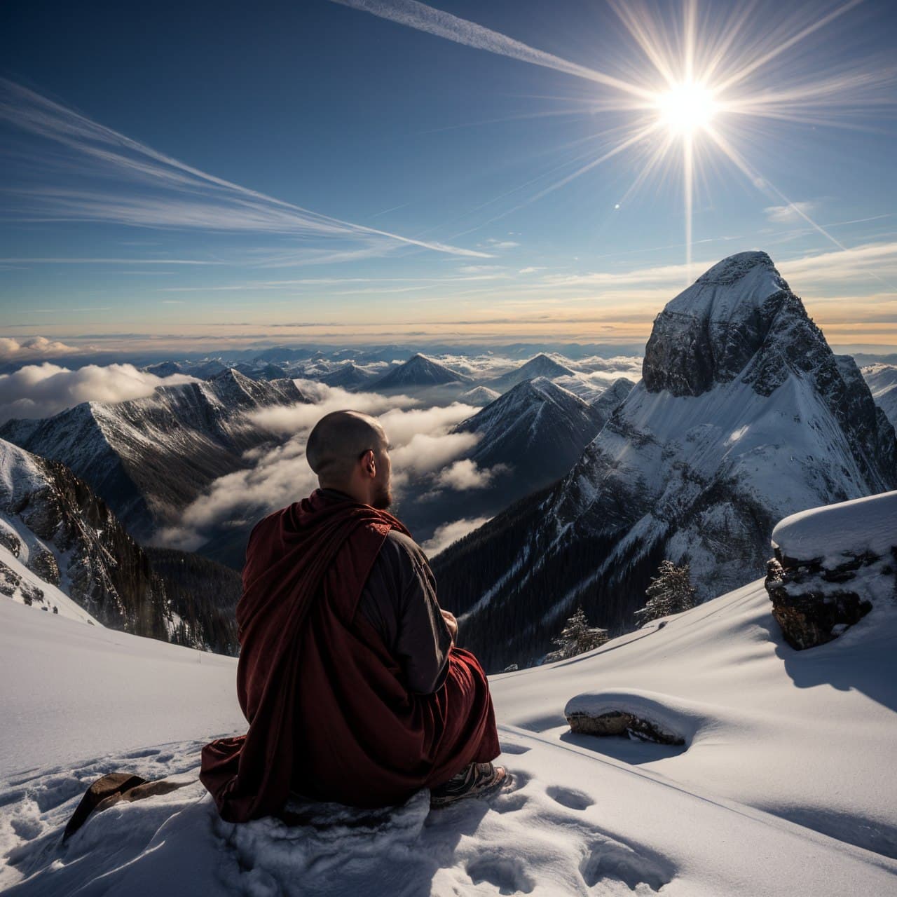 AI generated: epic realistic, an ancient hermit monk sitting on a mountain peak, cosmic sky, volumetric clouds, go...