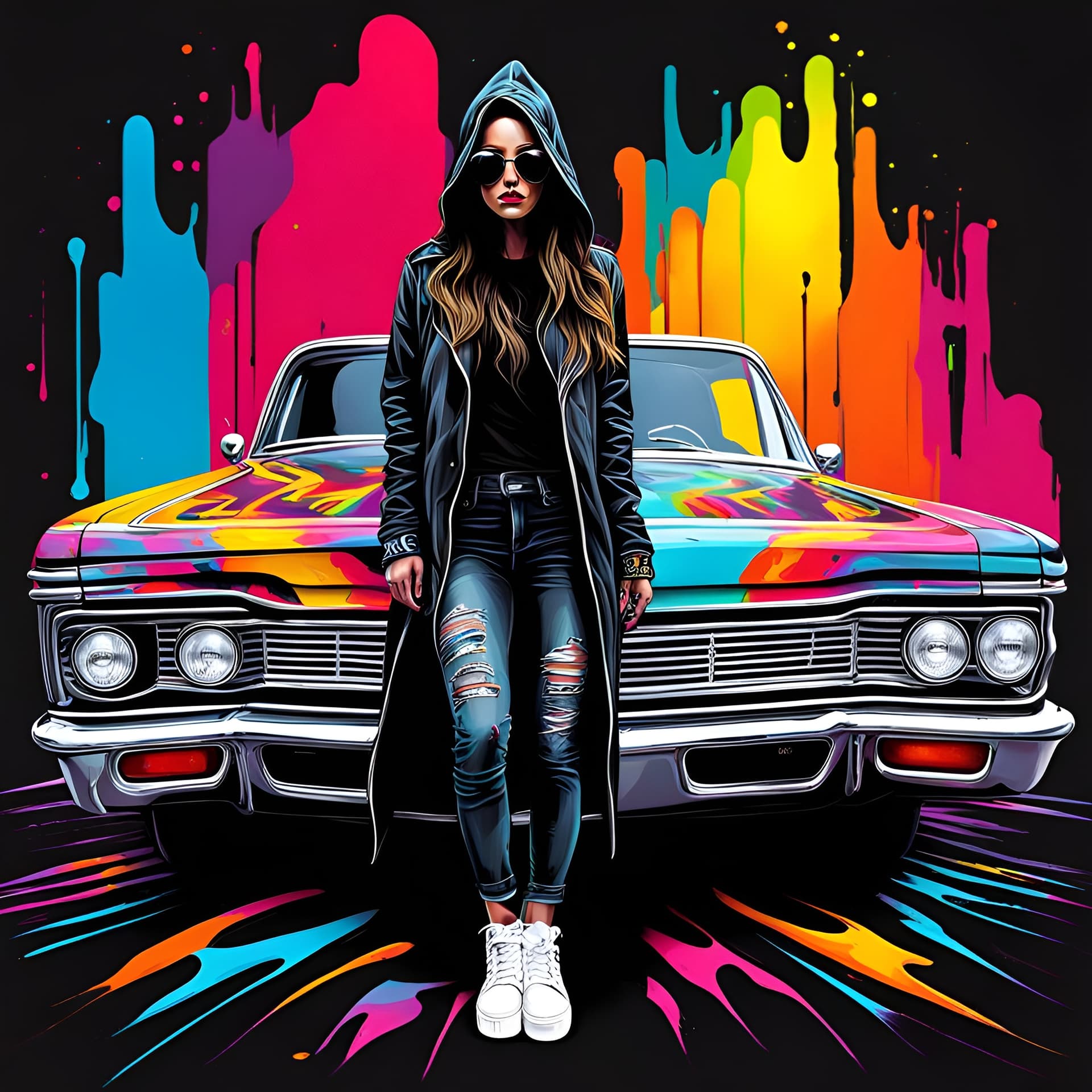 AI generated: graffiti art, street art, spray paint, oil gouache melting, acrylic, high contrast, black background...