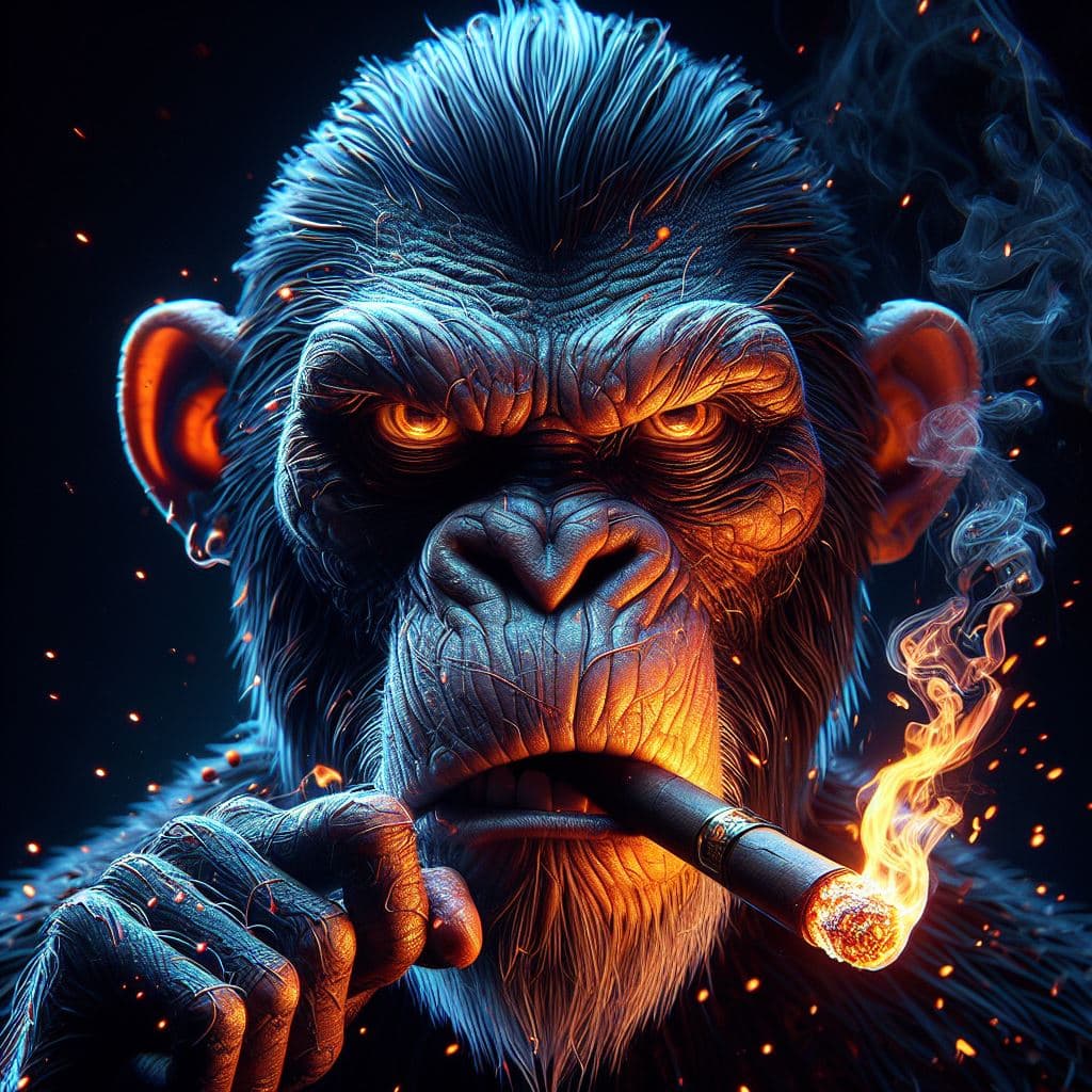 AI generated: a monkey smoking a cigar create a 3d image with dark colors and burning cigar with glowing effect in...