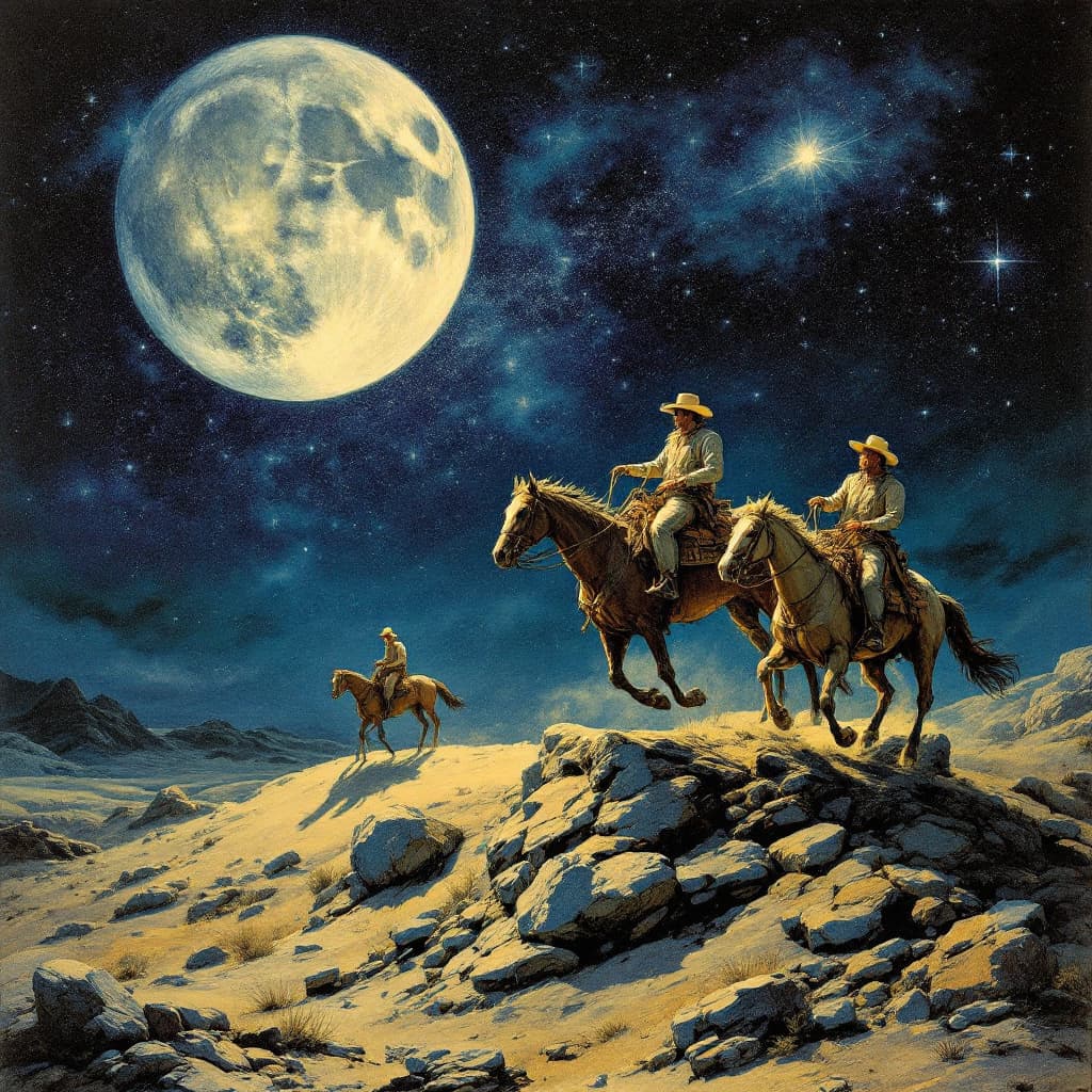 AI generated: cowboys riding horses on the moon