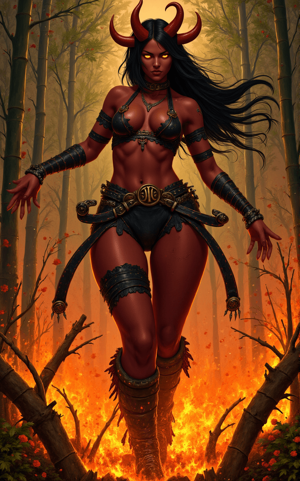 AI generated: A fearsome Oni queen in a black-and-vermillion lacquered leather bustier with iron studs and torn si...