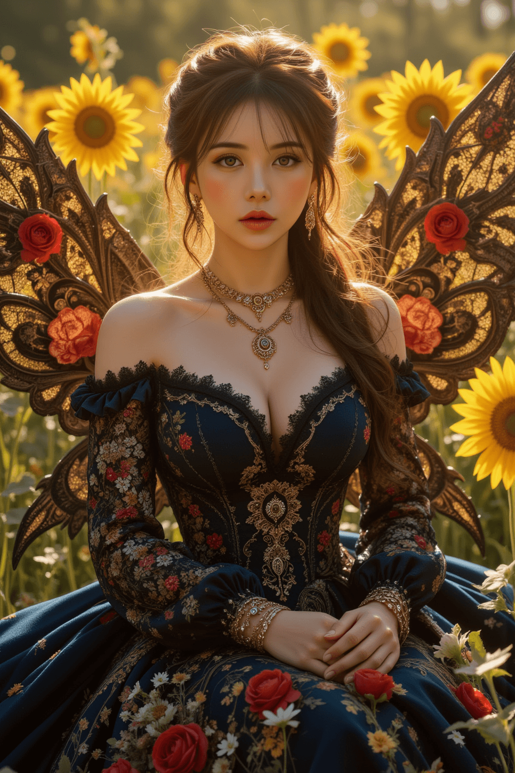 AI generated: A hyper-realistic, ethereal portrait of a beautiful fae queen seated in a magical sunflower field. *...