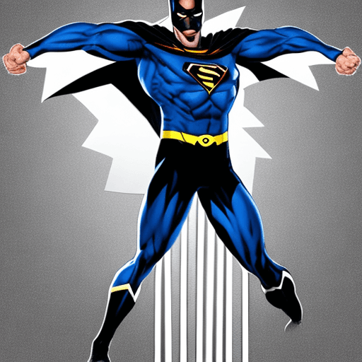 AI generated: Generate an image of a caucasian male superhero joyfully celebrating a triumph. He is attired in a s...