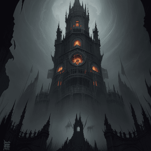 AI generated: Fantastic angle view of a Gothic Hellgate Tower, dim, hell, underworld masterpiece, shadows, expert,...