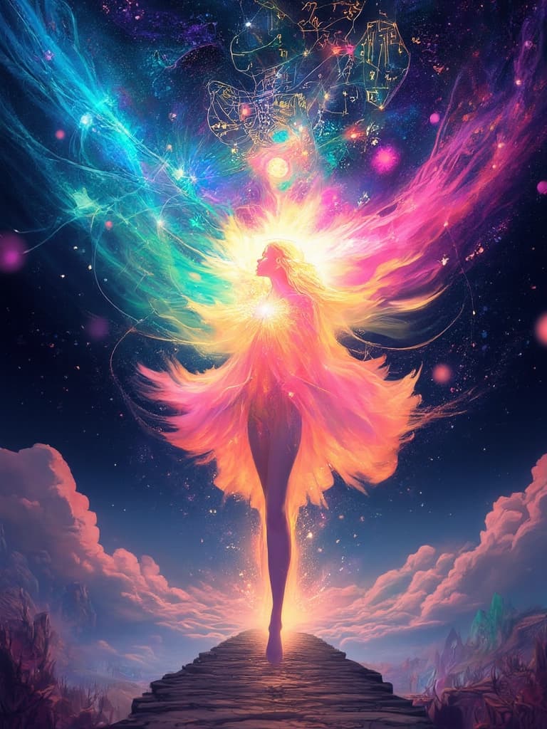 AI generated: A breathtaking surreal illustration of a woman walking forward with unwavering confidence, her steps...