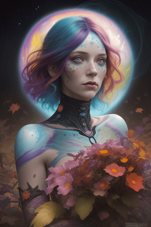 AI generated: beautiful angle view of Species woman individual from another planet with multicolored hair, beautif...