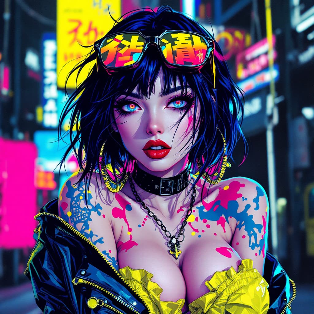 AI generated: bold, contemporary comic book style with strong influences from pop art, punk aesthetics, and a neon...