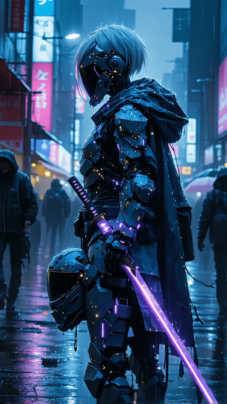 AI generated: A cyberpunk ronin, bathed in neon city lights reflected on rain-slicked rooftops, projects quiet res...