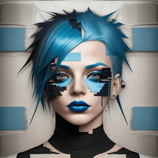 AI generated: woman with blue hair, in the style of multi-layered collages, edgy street art, celebrity-portraits, ...