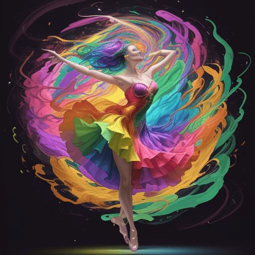 AI generated: An image of a vibrant, artistic portrayal of a woman dancing, surrounded by a swirl of vivid, multic...