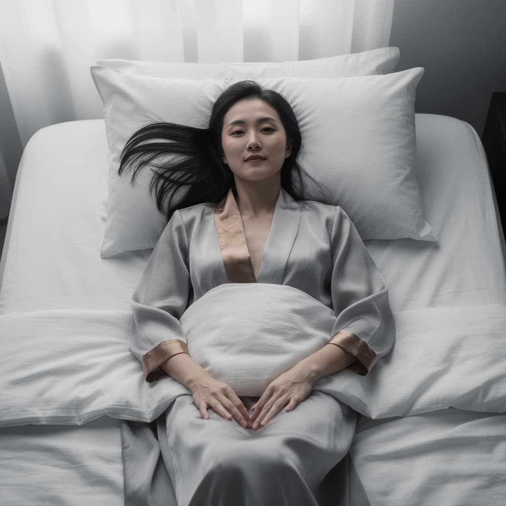 AI generated: asian rae eunhee on a white bed, in the style of light gray and light bronze, dark white and dark az...
