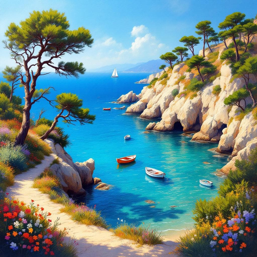 AI generated: A vivid, impressionistic landscape painting in South France of a bay on the Mediterranean Sea. The s...