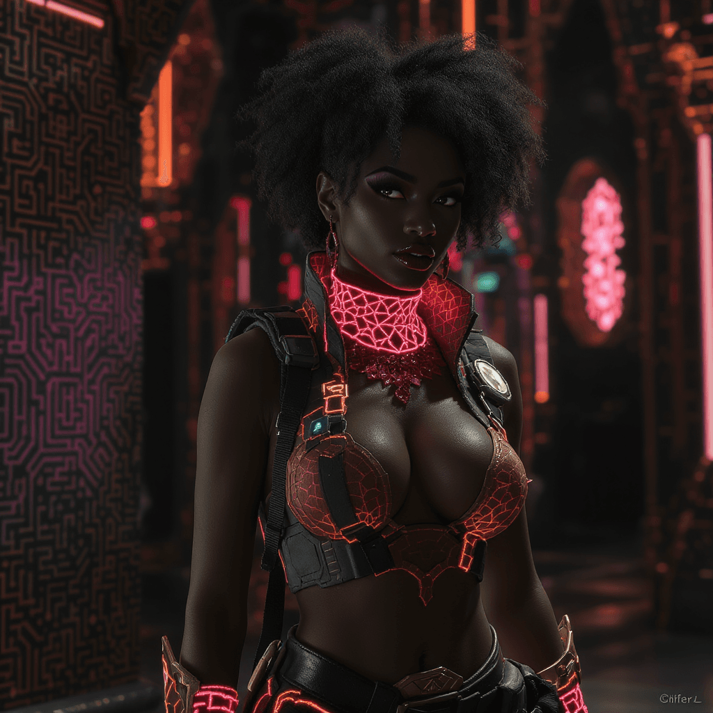 AI generated: Elite Afrofuturist warrior queen in a vibranium Kente utility vest with glowing crimson threads, bio...