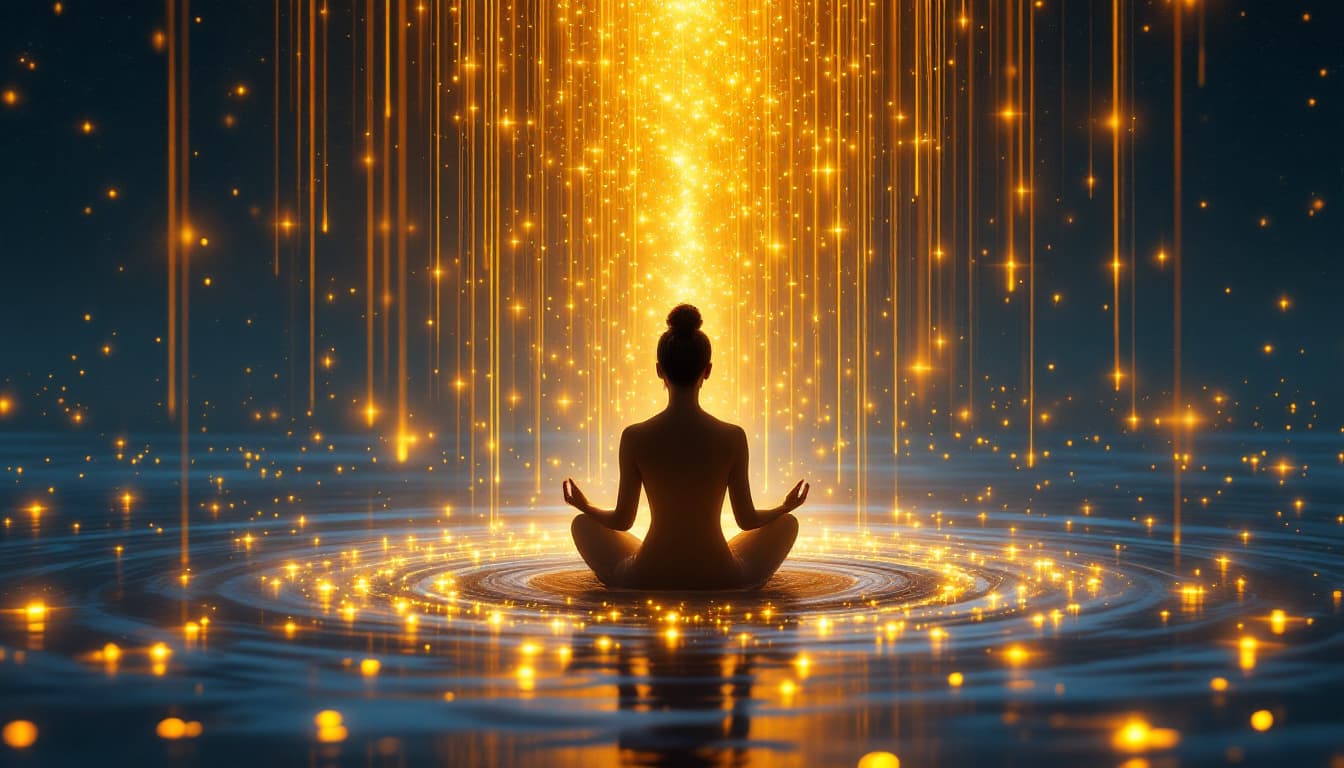 AI generated: 
in a serenity state meditating calmly in lotus flower..receiving golden rain from milky way.static ...