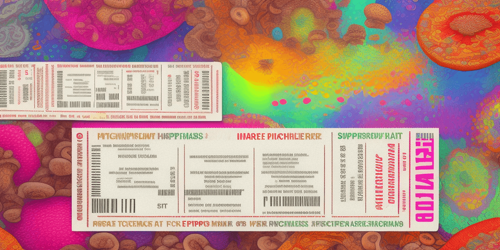 AI generated:  Hyper realistic printed ticket pdf, with name Miguel, with mushrooms, happiness, colorful; 8k, intr...