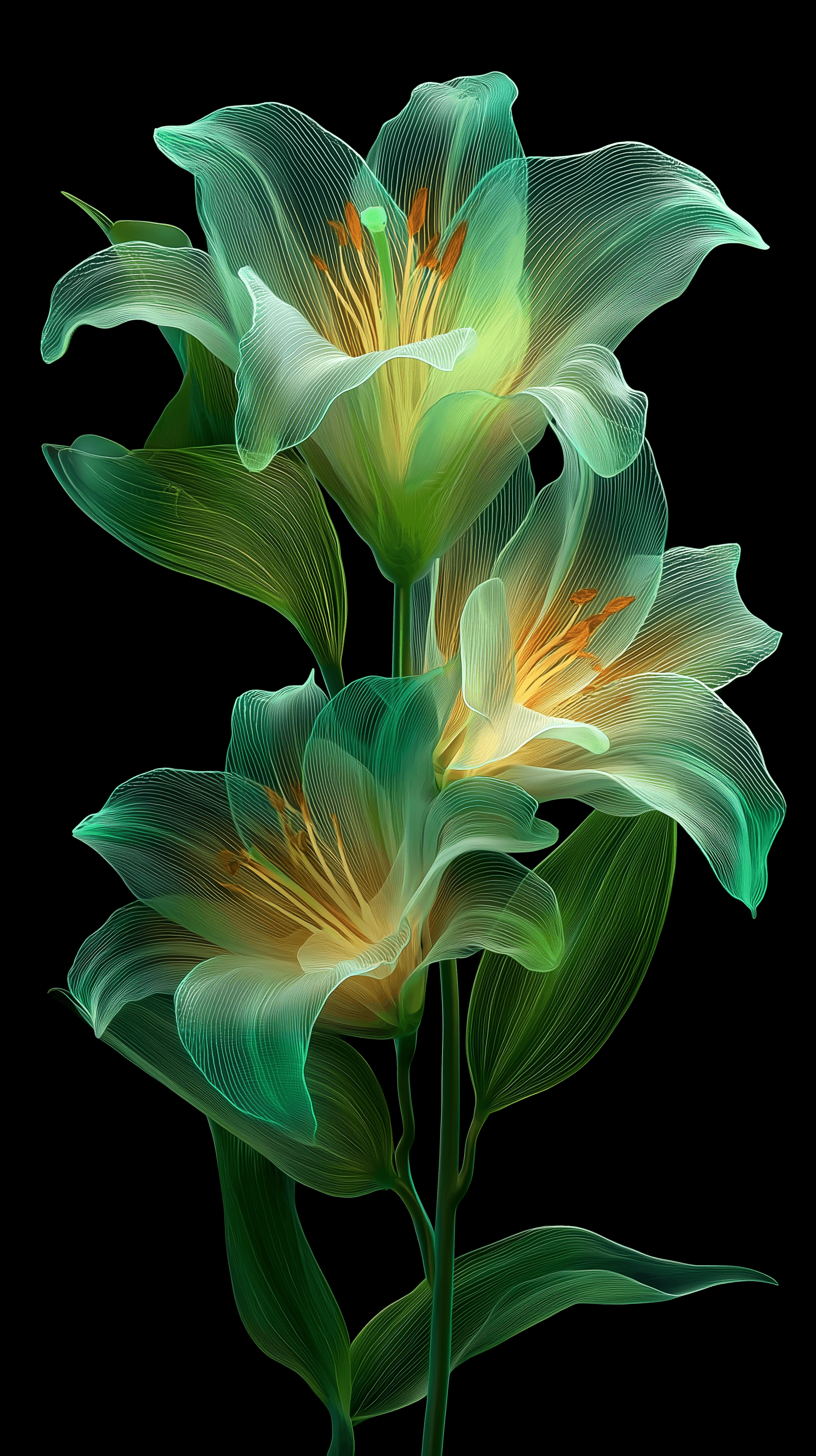 AI generated: realistic rendering, green x-ray, lily, translucent petals glowing with vibrant green hues, seamless...