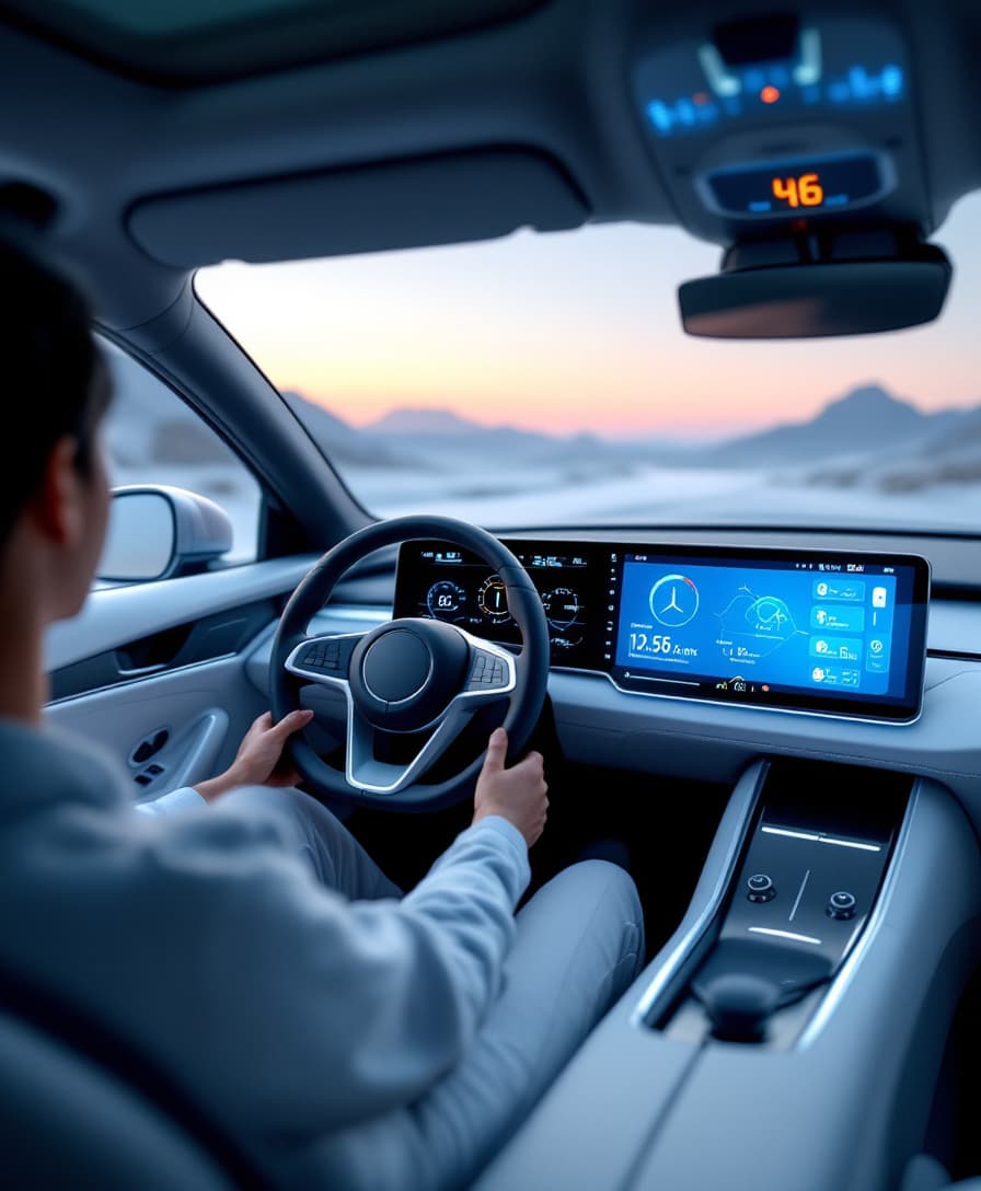 AI generated: Intelligent car driving, sense of technology, sense of the future, minimalist style, high quality --...