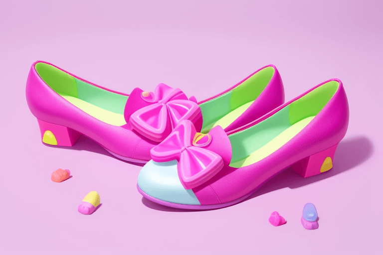 AI generated: Create a Melissa pair of shoe with the Fini candy aesthetic, it must be very fun and colorful. Use t...