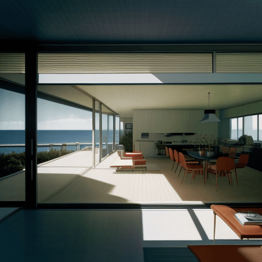 AI generated: Hyper realistic eye level exterior photo of a mid century modern style house overlooking the ocean, ...