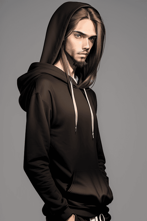 AI generated: Man, 21yo, tall, slim, long straight hair, light brown hair, gray eyes, short beard, serious face, l...