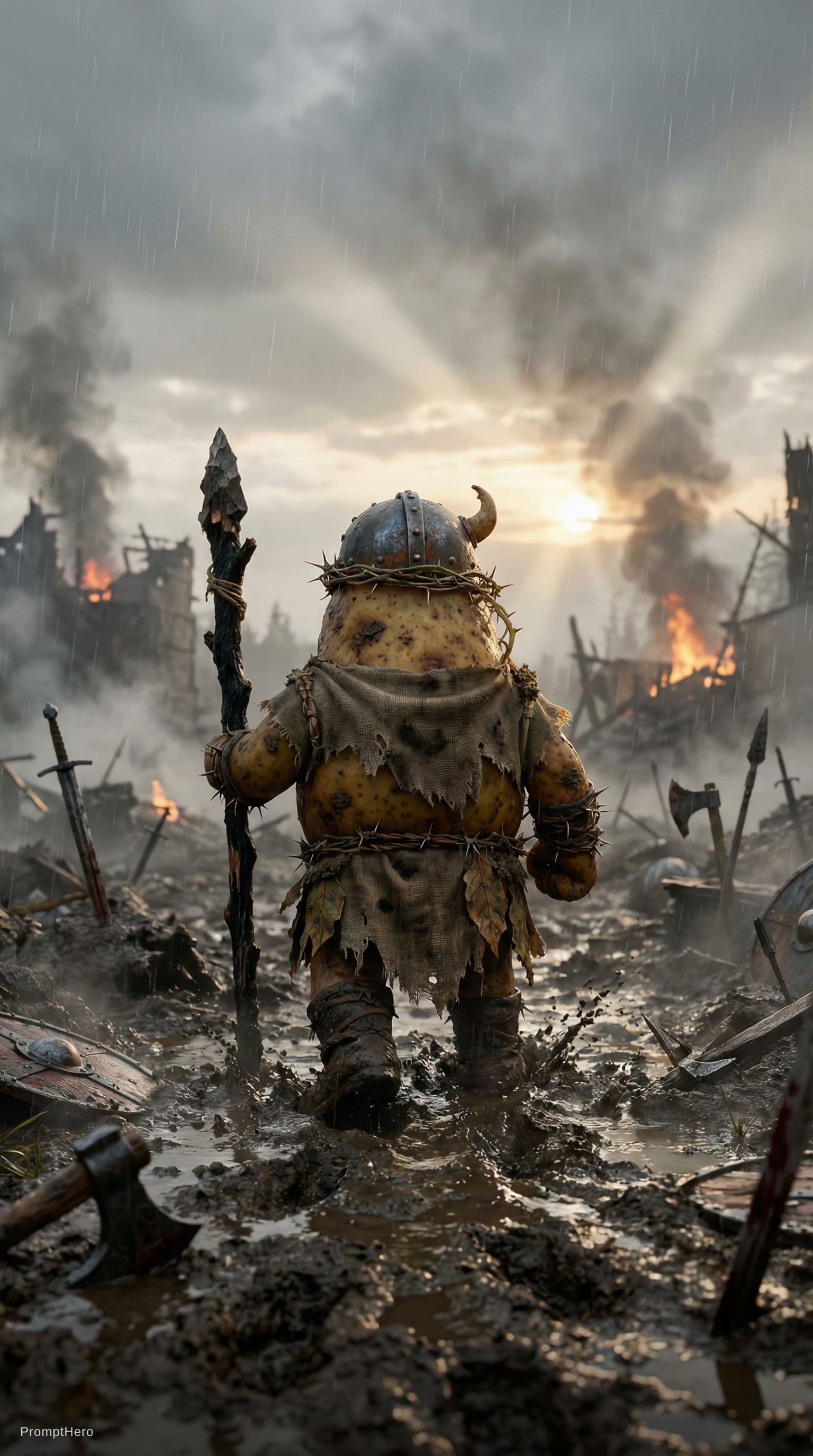 AI generated: Over shoulder cinematic shot from behind potato warrior walking through destroyed muddy battlefield,...
