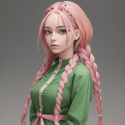 AI generated: woman anime stile braids whole body in frame pink hair on top green below  woman