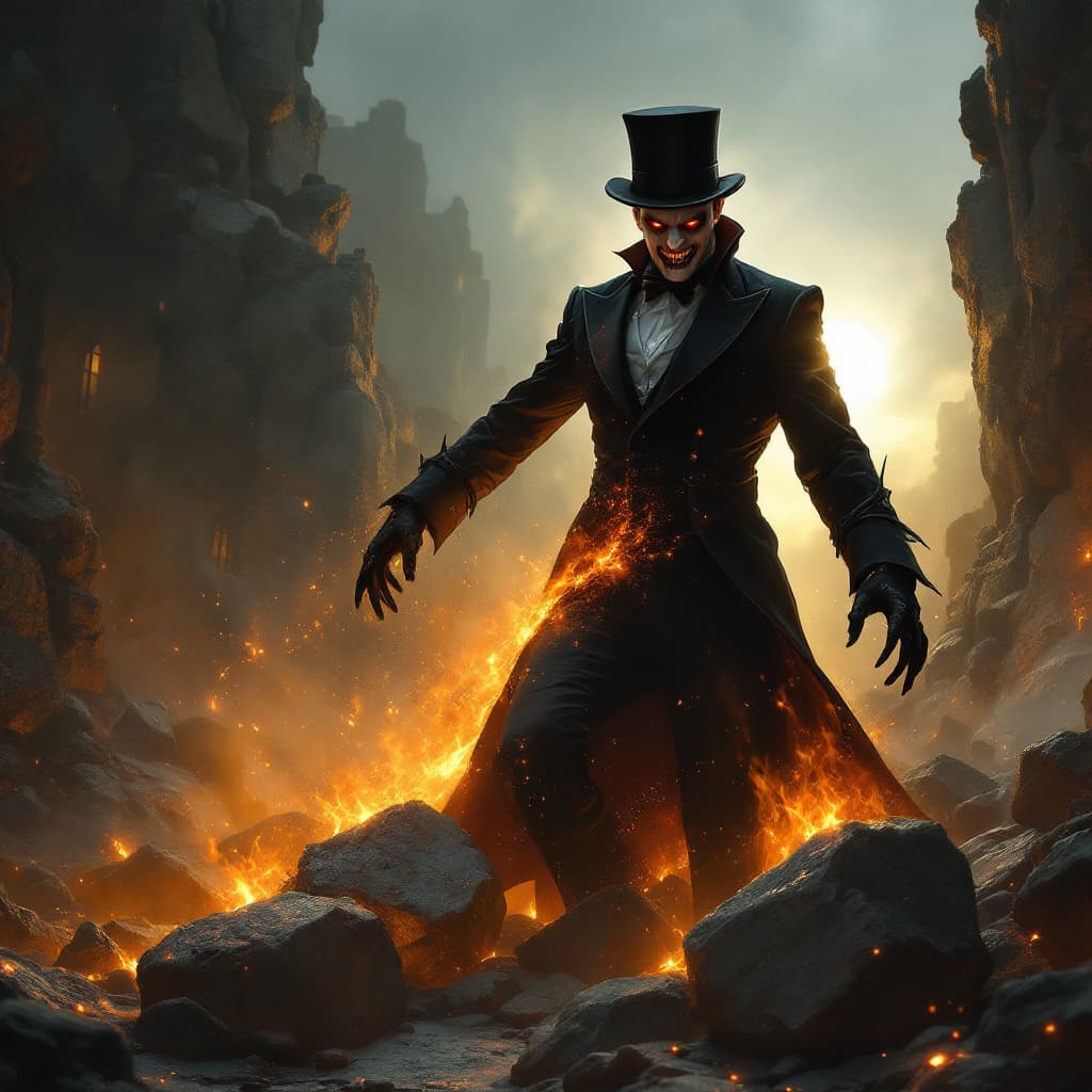 AI generated: In a desolate and darkened city, the vampire with a dark velvet suit and top hat stands tall, his cr...
