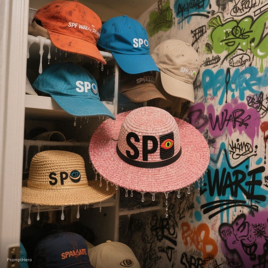 AI generated: A closet space with super cool sun hats and caps with a brand identifier "SP👁️"on them and a backgr...