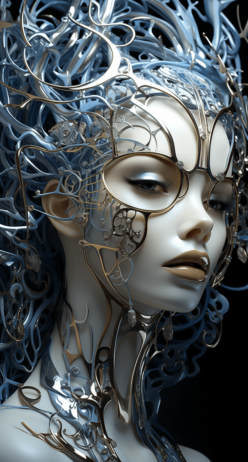 AI generated: futurist image illustration of a woman with metal on her head, in the style of intricately sculpted,...