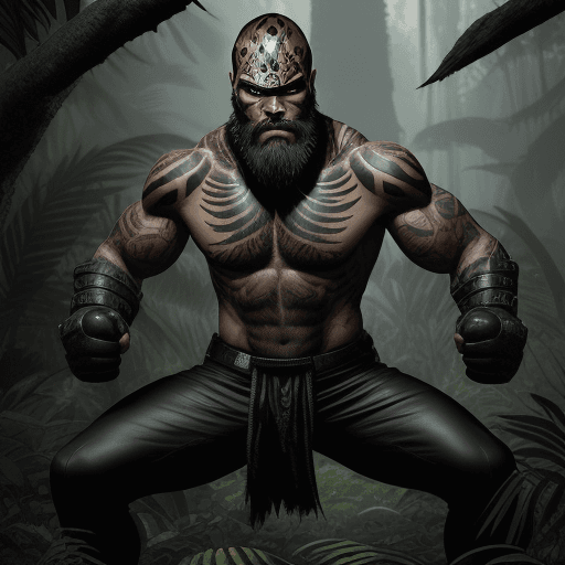 AI generated: A full-body jungle warrior, slender but muscular, with pronounced facial features and a determined a...