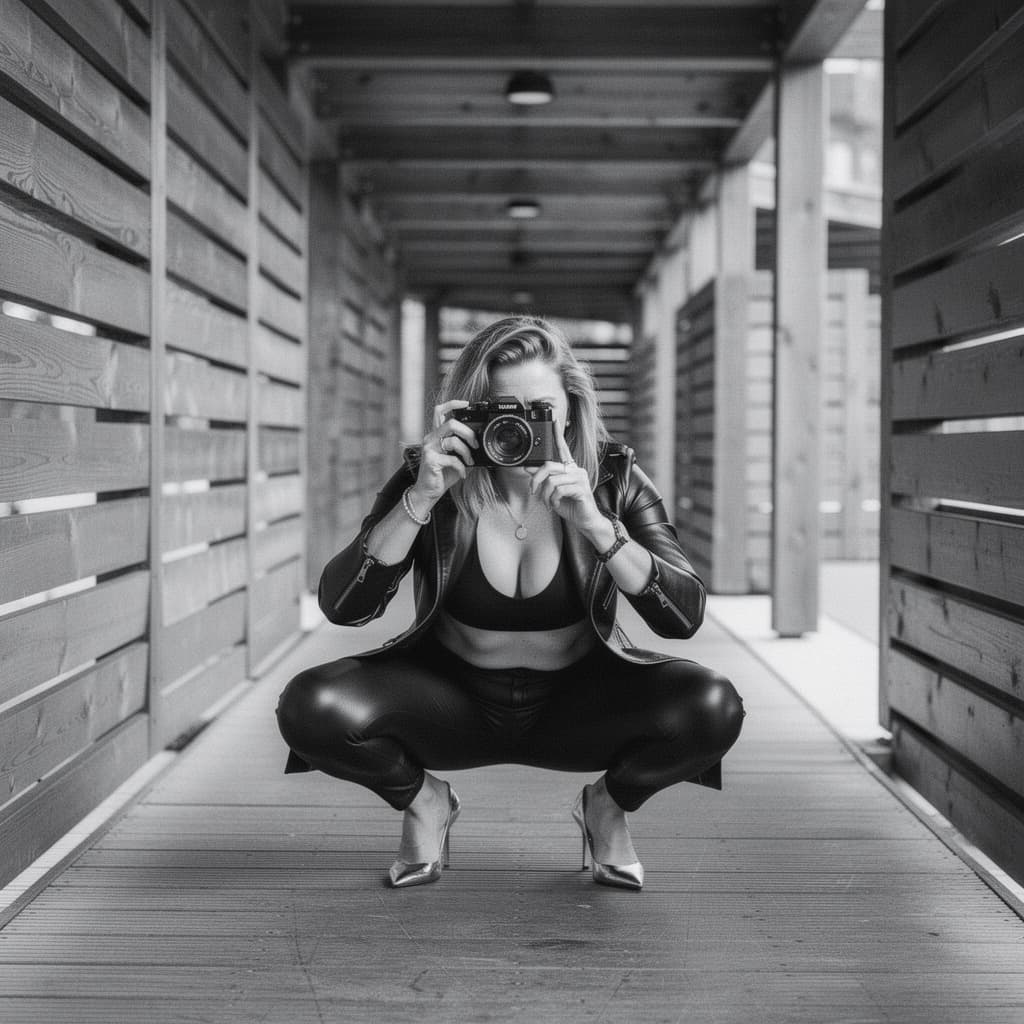 AI generated: High-contrast black and white full-body photograph of a glamorous woman in a low, athletic squatting...