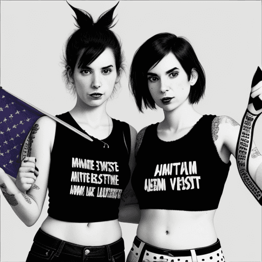 AI generated: Photo of two women who help each other stick a feminist artwork. The artwork is the word Ladiyfest #...