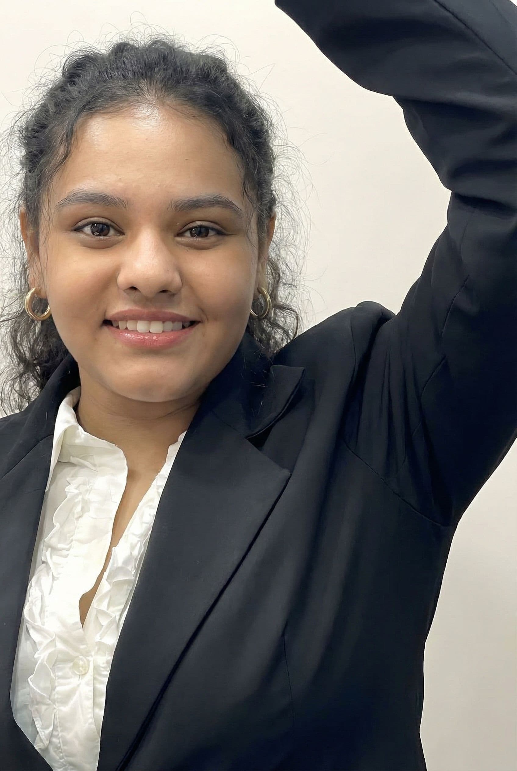 AI generated: She shows her armpit closeup and her face shown