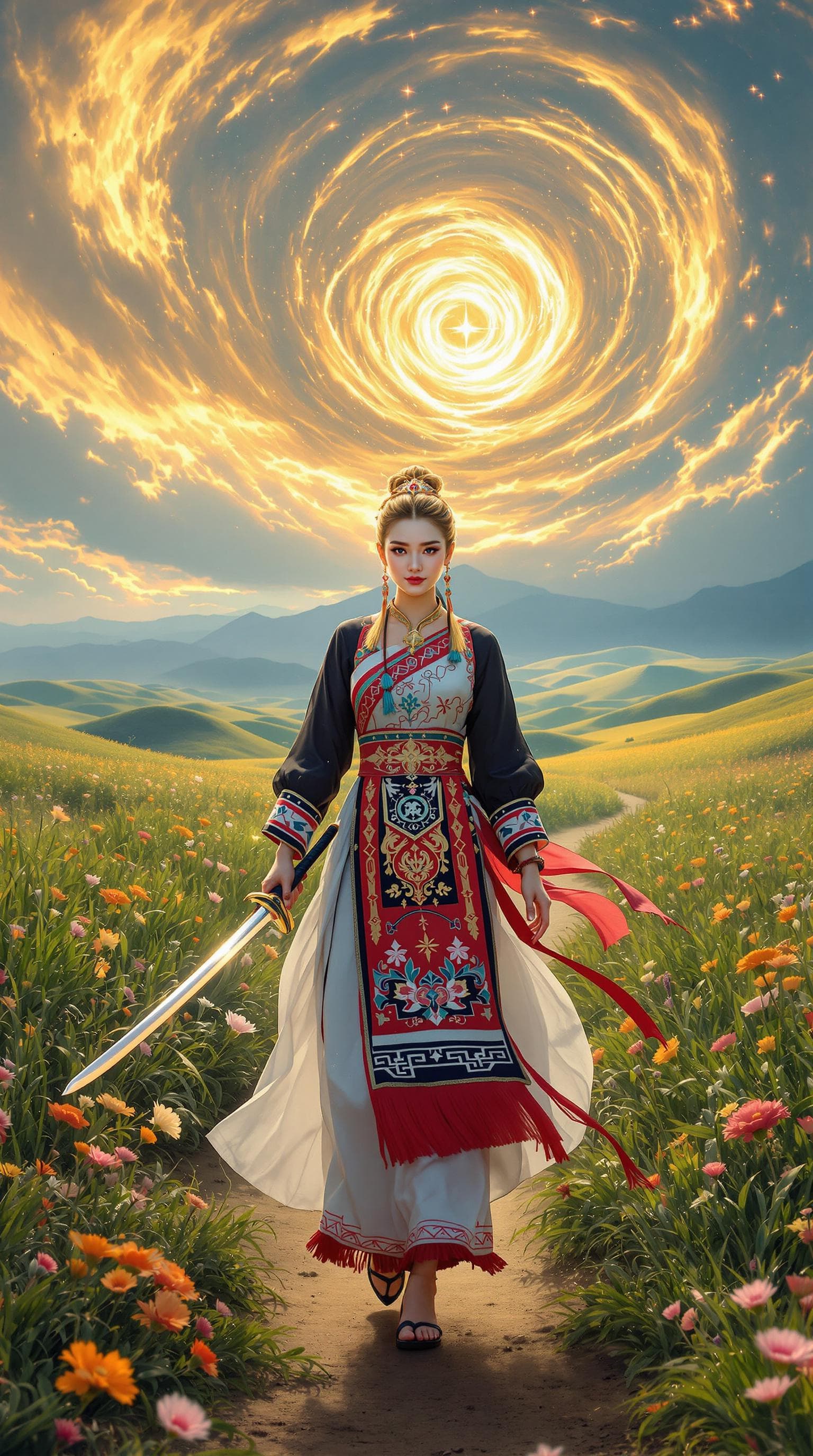 AI generated: A woman in traditional Vietnamese (likely H'mong) attire, walking on a dirt path amidst a field of t...