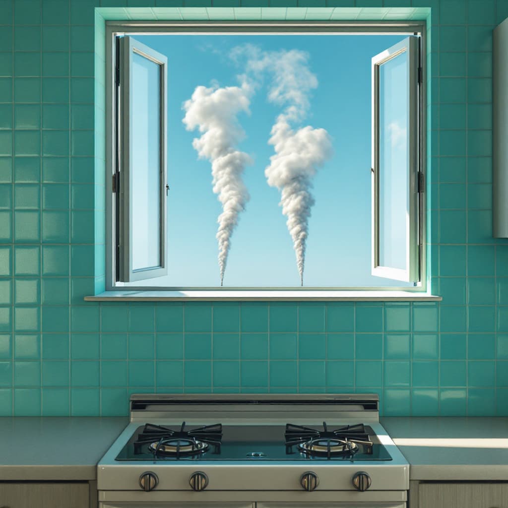 AI generated: A front wall with vintage turquoise square kitchen tile coverings in the background, from the ceilin...
