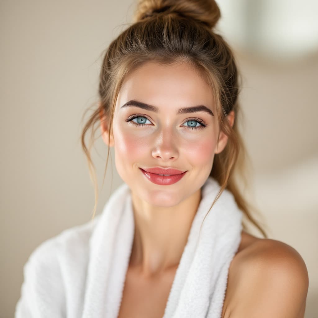 AI generated: A portrait of a young woman with light brown hair in a high ponytail, smiling softly with blue eyes ...