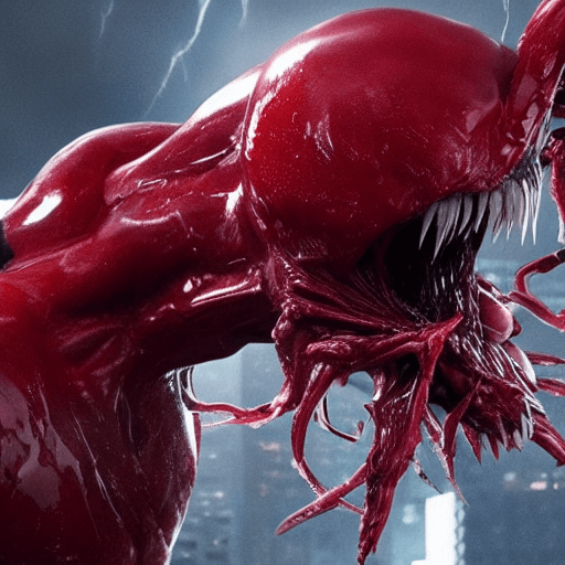 AI generated: Hyper realistic eye level carnage from sonys venom  movie