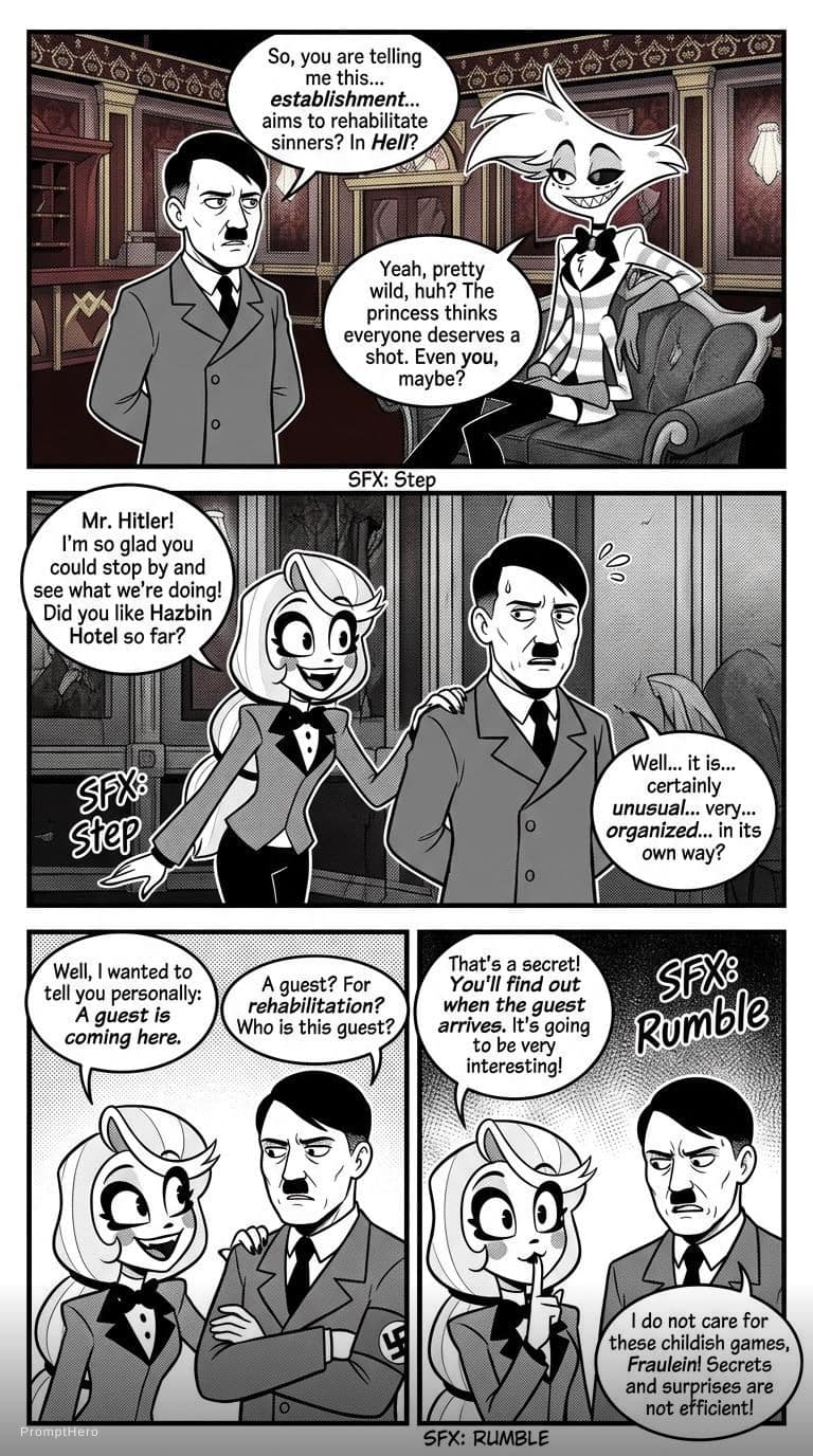 AI generated: I want a fan-made manga image of me from Hazbin Hotel. It should show Hitler talking to Angel Dust, ...