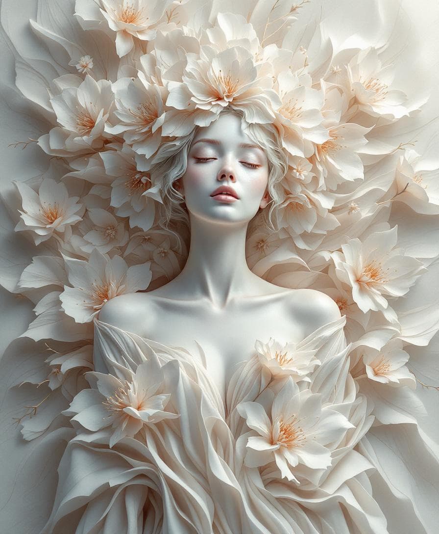 AI generated: Ethereal woman sculpted in layered paper textures, surrounded by blossoming petals that appear both ...