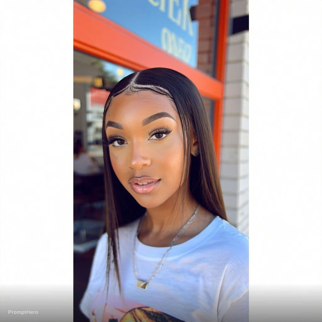 AI generated: a young cute  girl in her early 20s, styled as a social media influencer. She has long, straight dar...