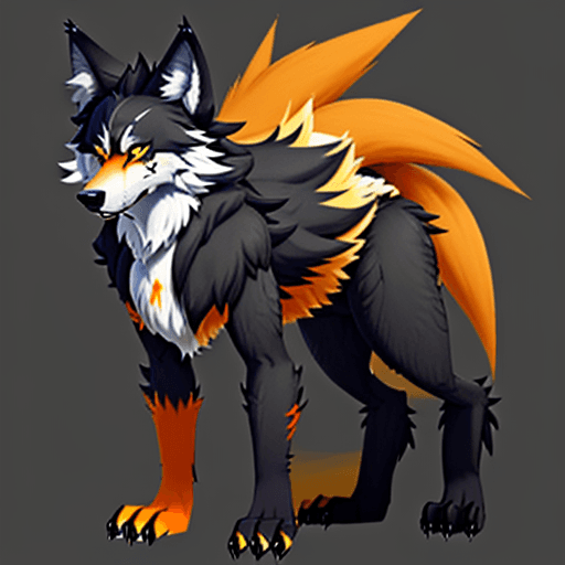 AI generated: Make a fursona wolf with mostly black fur, it's underbelly white, and highlights of yellow orange co...