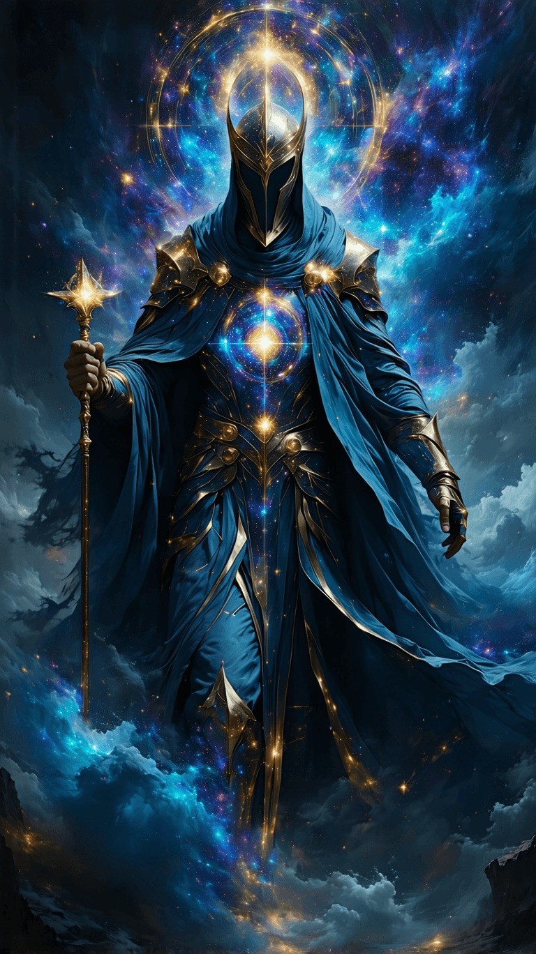 AI generated: “The Emperor’s Celestial Dominion” – A majestic Emperor emerges from swirling cosmic storms, his for...