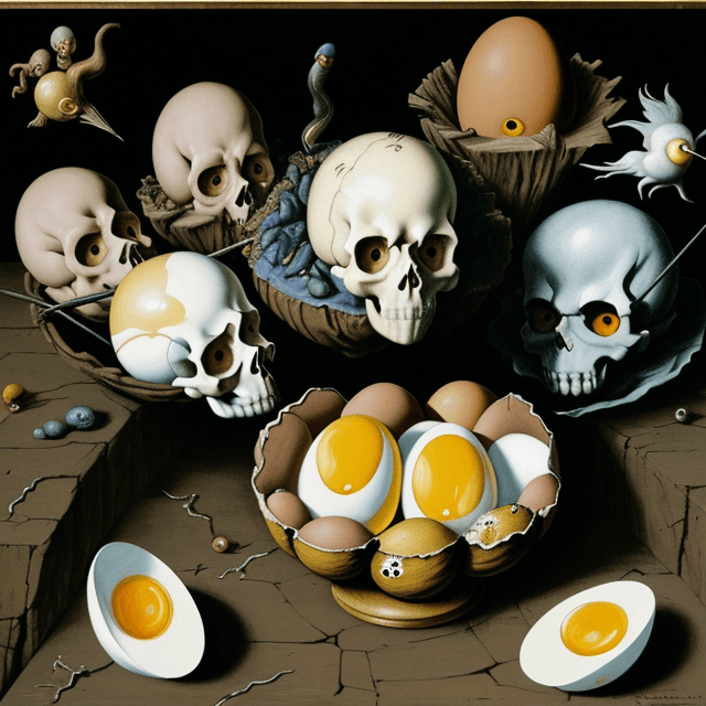 AI generated: From the skull flows yolk, egg, painted by hieronymus bosch, Salvador Dali and pieter brueghel, very...