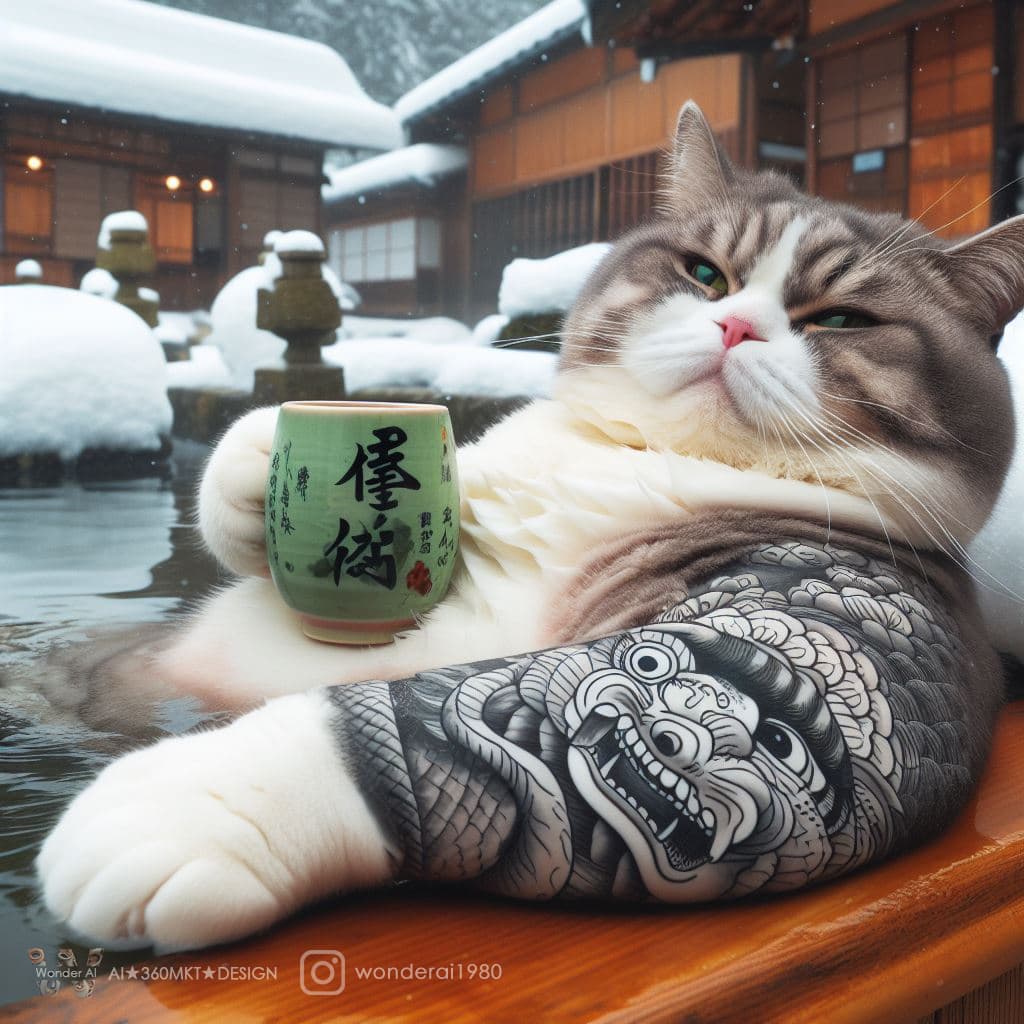 AI generated: Real adorable chubby cat with tattoos, enjoying snowy weather, sippingsake, soaking in a hot spring,...