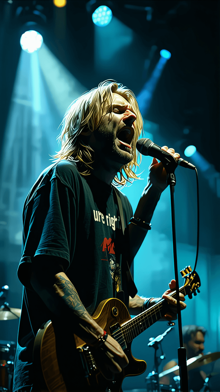 AI generated: Isometric view, MTV Unlugged concert,kurt cobain shouting macroview,spot light on Kurt cobain,typogr...