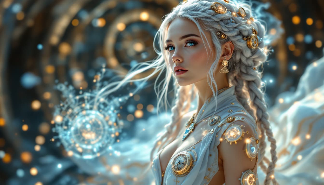AI generated: An ultra-realistic, full-body portrait of a captivating timekeeper woman, radiating timeless wisdom ...